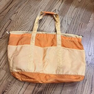 L.L.Bean Large Nylon Tote Bag Orange Yellow Zip Top Utility Beach Fishing Travel